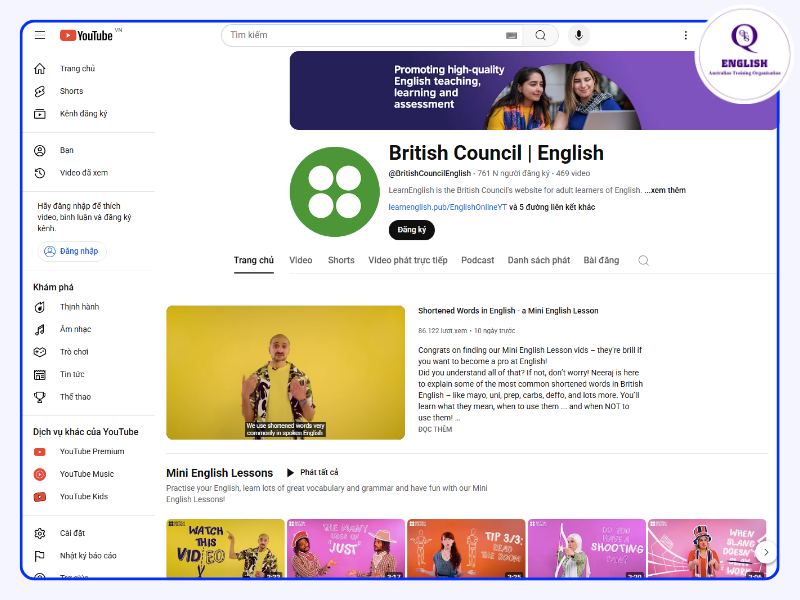 Kênh Youtube học tiếng Anh - British Council