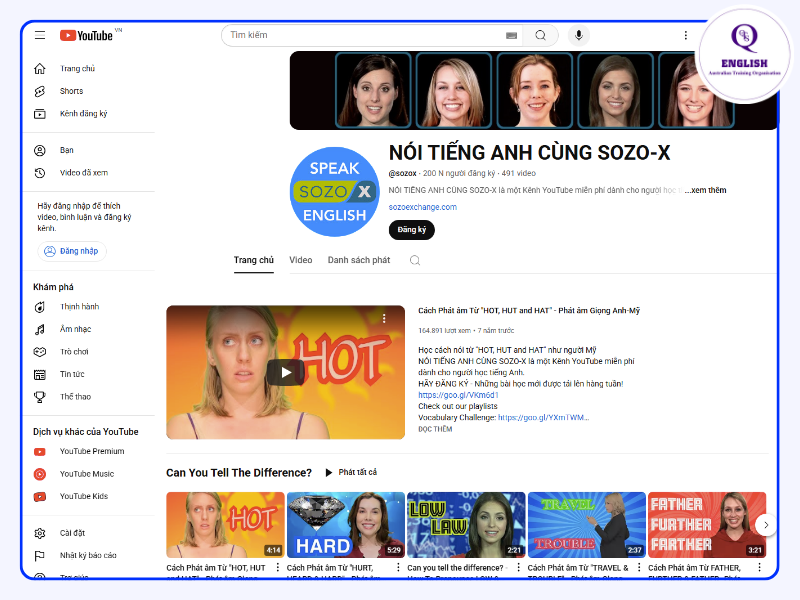 Kênh youtube học phát âm tiếng Anh - Sozo X