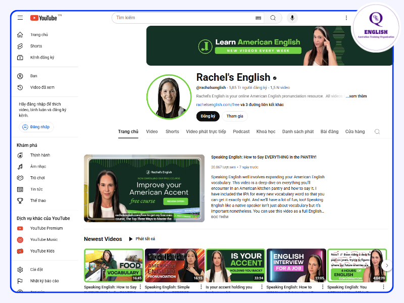 Kênh Youtube học tiếng Anh - Rachel's English