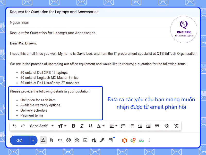 Mẫu Email yêu cầu báo giá bằng tiếng Anh